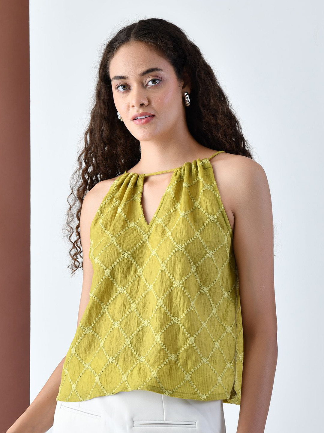 KELIN Women Tie-Up Neck Satin A-Line Top