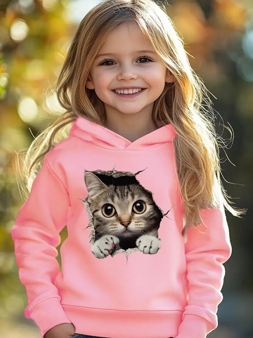 KEESOR Girls Cat Printed Hooded Sweatshirt