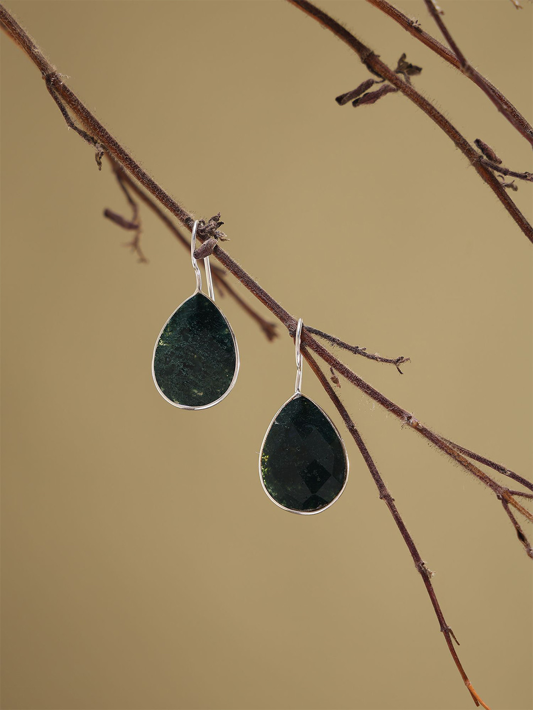 Exotic India Sterling Silver Faceted Moss Agate Teardrop Shaped Drop Earrings
