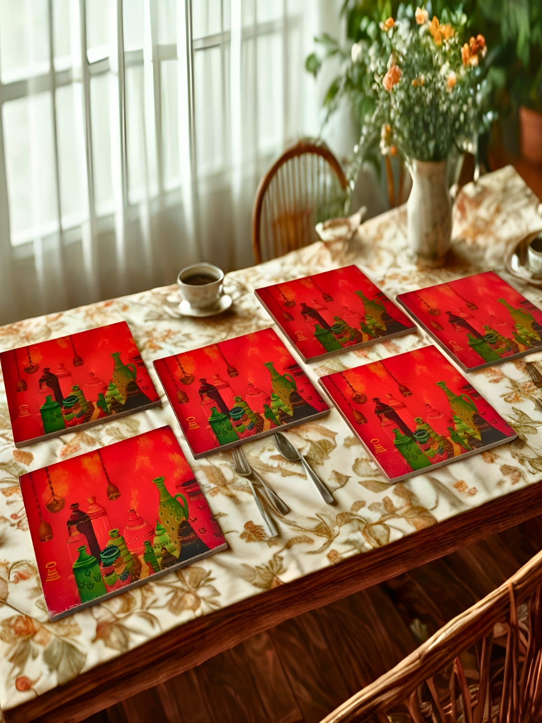 THE HOME CO. Set Of 6 Red Printed Enamel Square Wooden Coasters