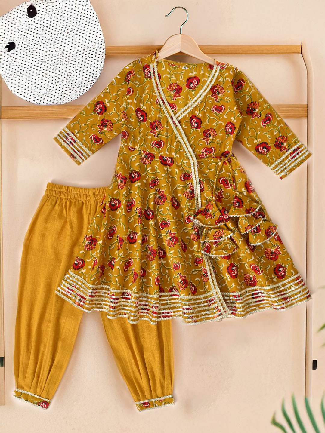 THE WEAVERS SHOP BY RAAVI Girls Floral Printed Cotton A-Line Kurta with Dhoti Pants