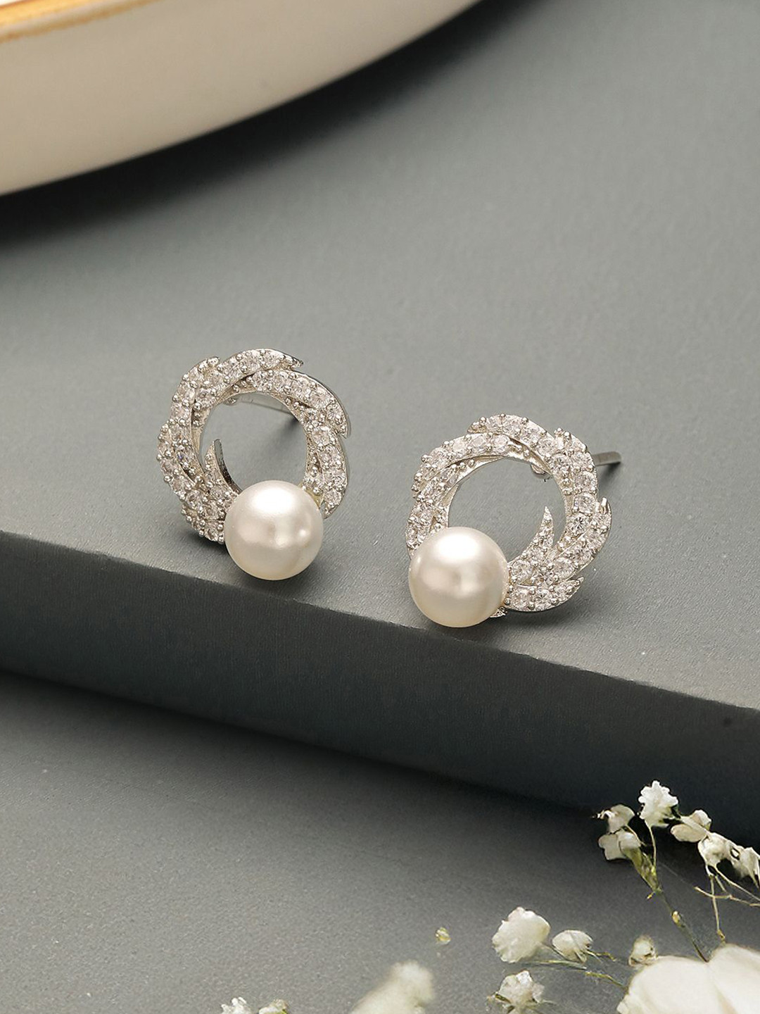 Saraf RS Jewellery Silver Plated American Diamond Studded Contemporary Studs