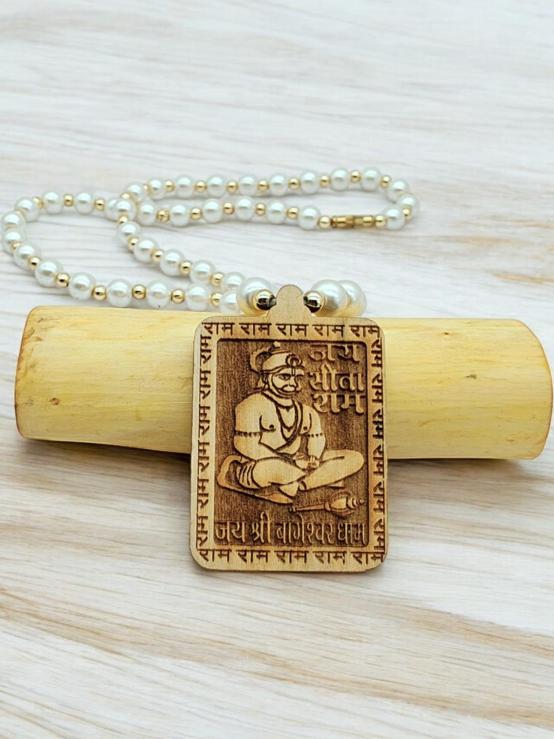 BRIJ HAAT Unisex Wooden Carving Hanuman Ji Pendant with White Pearl Mala Chain