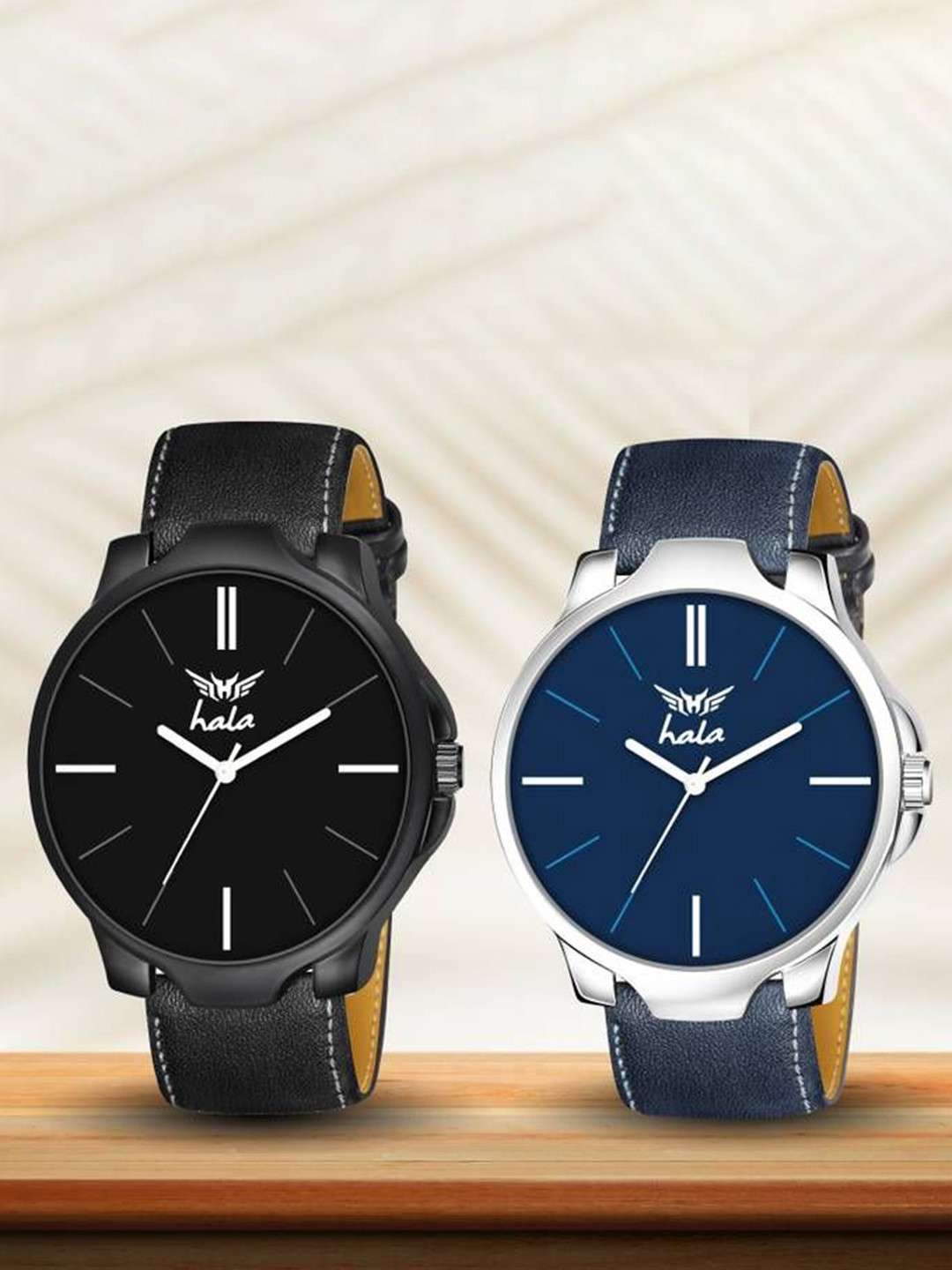 Hala Pack Of 2 Men Aluminium  Dial & Straps Analogue Watches 1045 Blue + Black