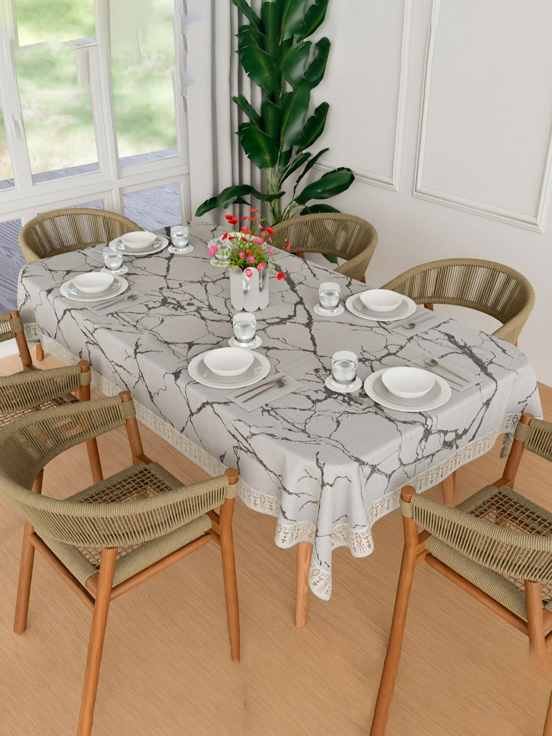 Aura Grey & White Marble Printed Anti-Skid Cotton 6-Seater Table Cover