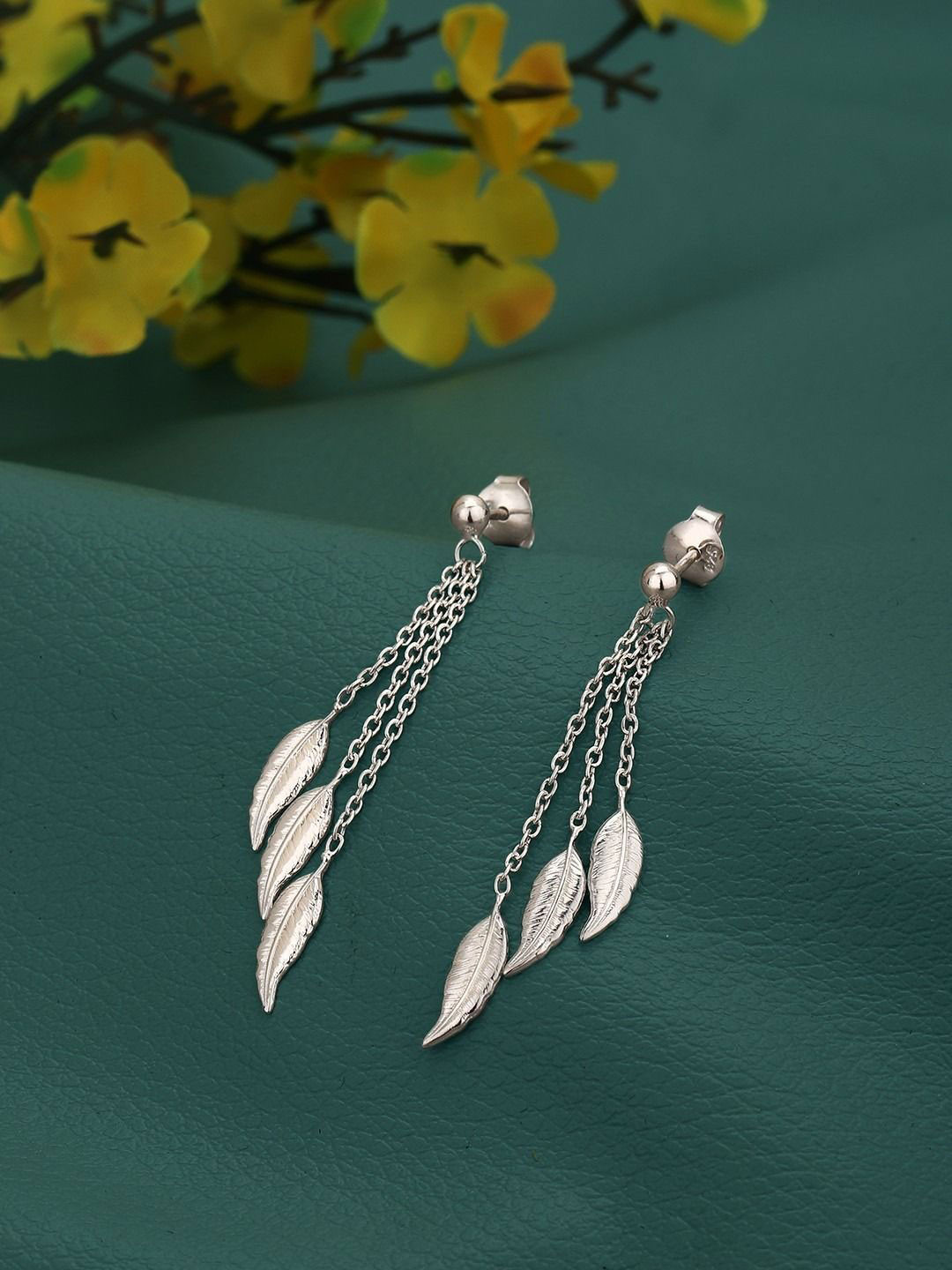 VANBELLE 925 Sterling Silver Rhodium Plated Dangling Chain Leaf Drop Earring