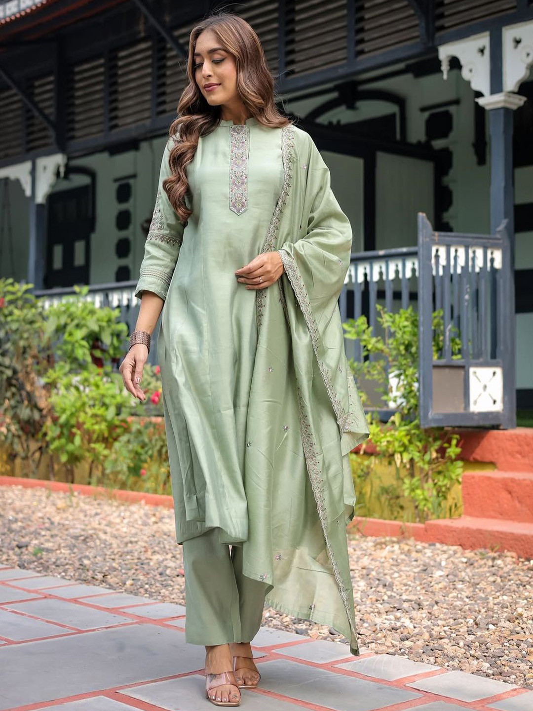 JAPNAAM Bandhani Embroidered V-Neck Muslin Silk A-Line Kurta With Trousers & Dupatta