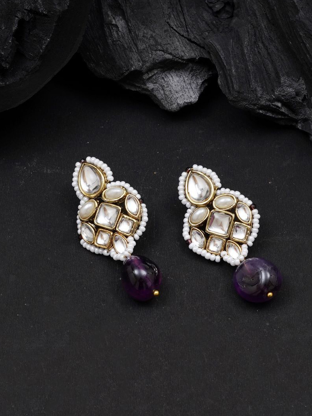 BeAbhika Gold-Plated Regal Kundan & Pearls Teardrop Shaped Drop Earrings