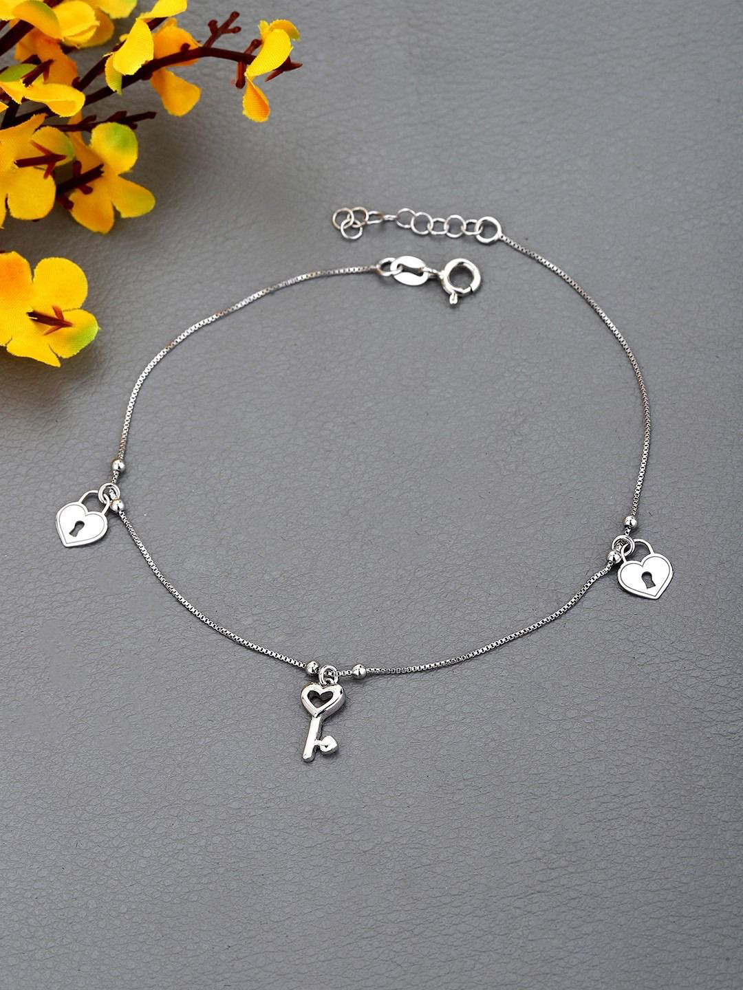 VANBELLE 925 Sterling Silver Rhodium Plated Lock & Key Charm Anklet