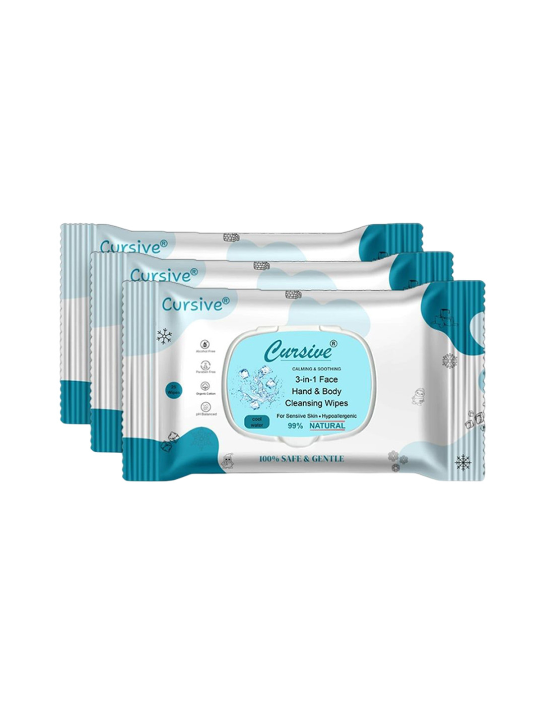 CURSIVE Set Of 3 Refreshing Cool Water 3-In-1 Hand Body & Face Wet Wipes - 25 Pulls Each