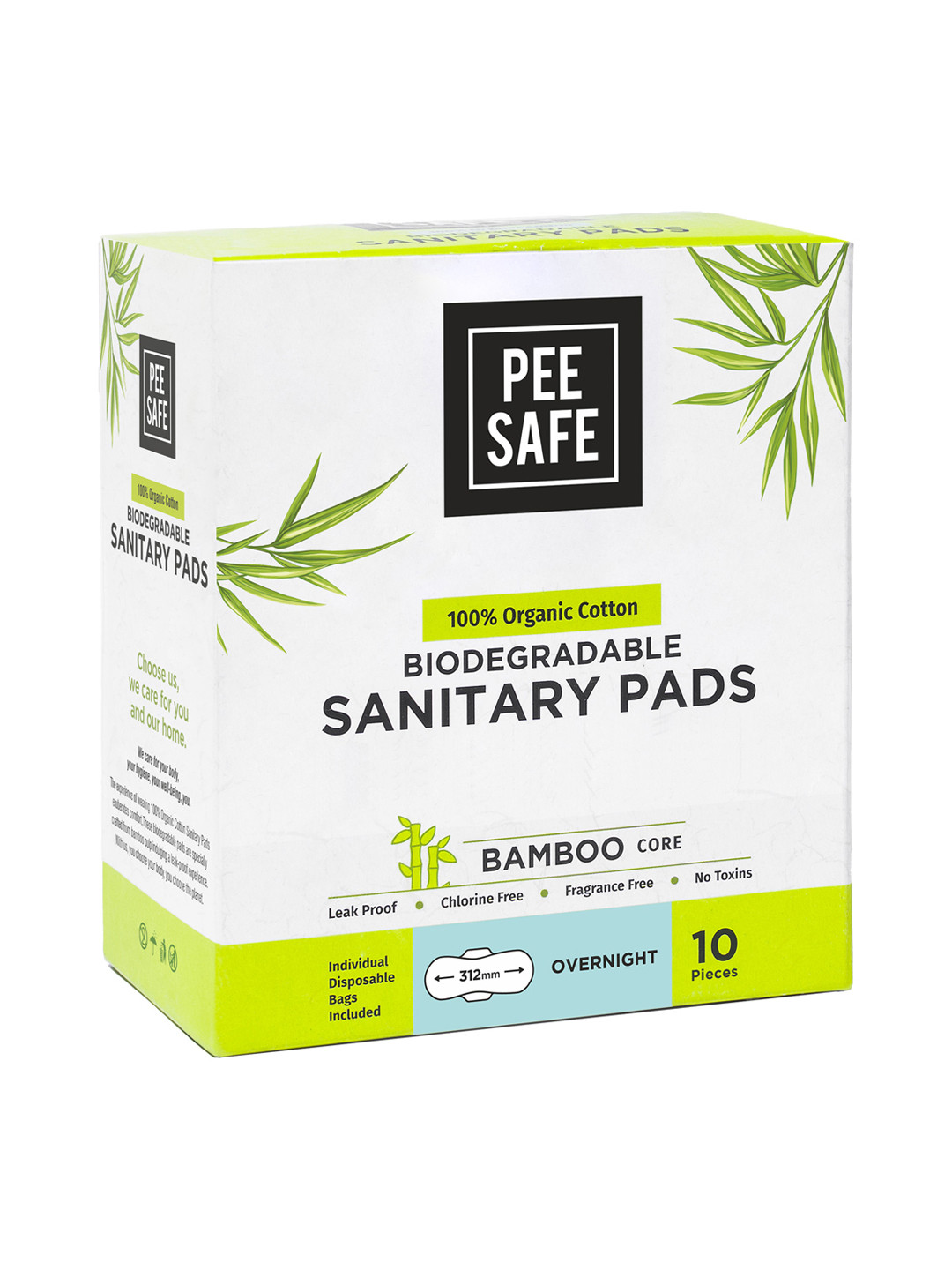 PEESAFE Pack of 10 Organic Cotton Biodegradable Overnight Sanitary Pads