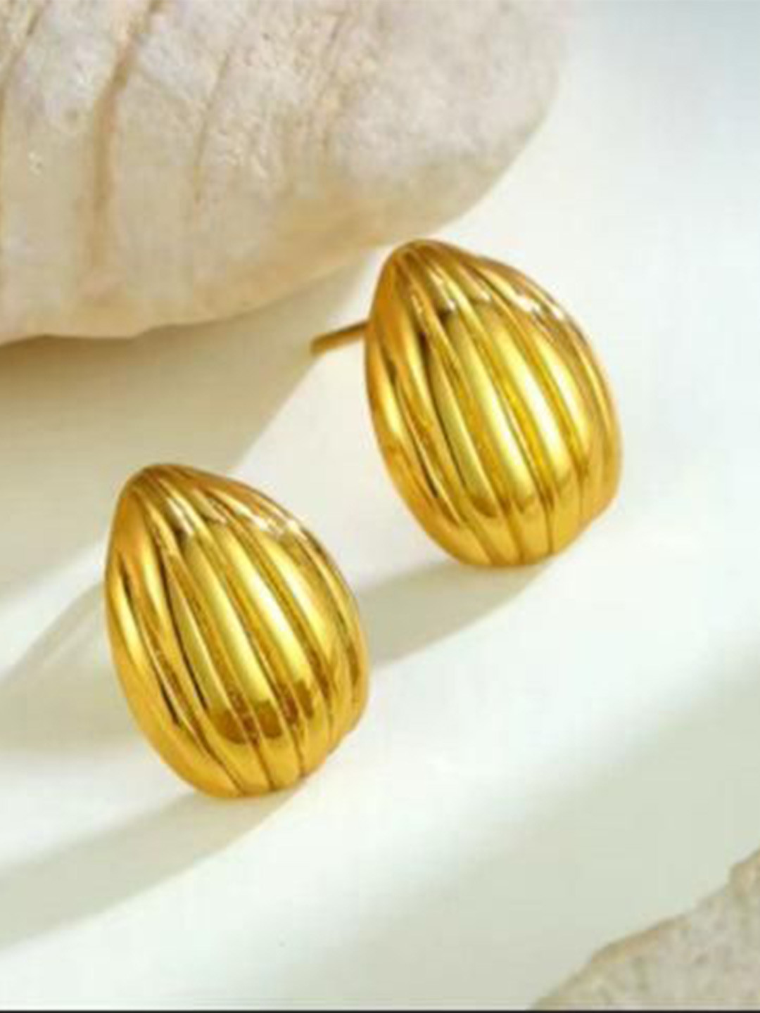 THEPANDASTOREE 18K Gold-Plated Ribbed Teardrop Shaped Waterproof & Hypoallergenic Studs