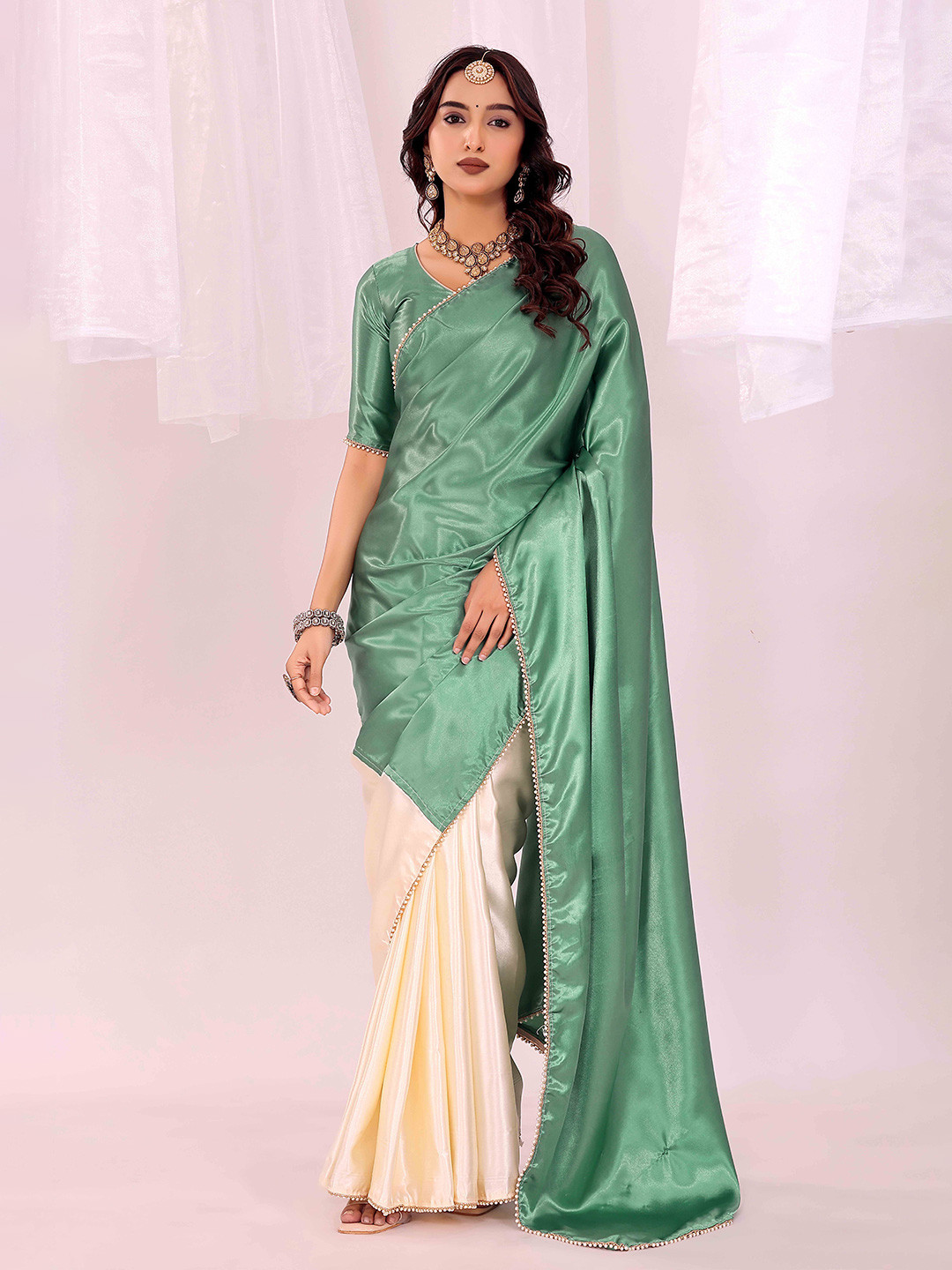 KALINI Embellished Border Beads and Stones Satin Half and Half Saree