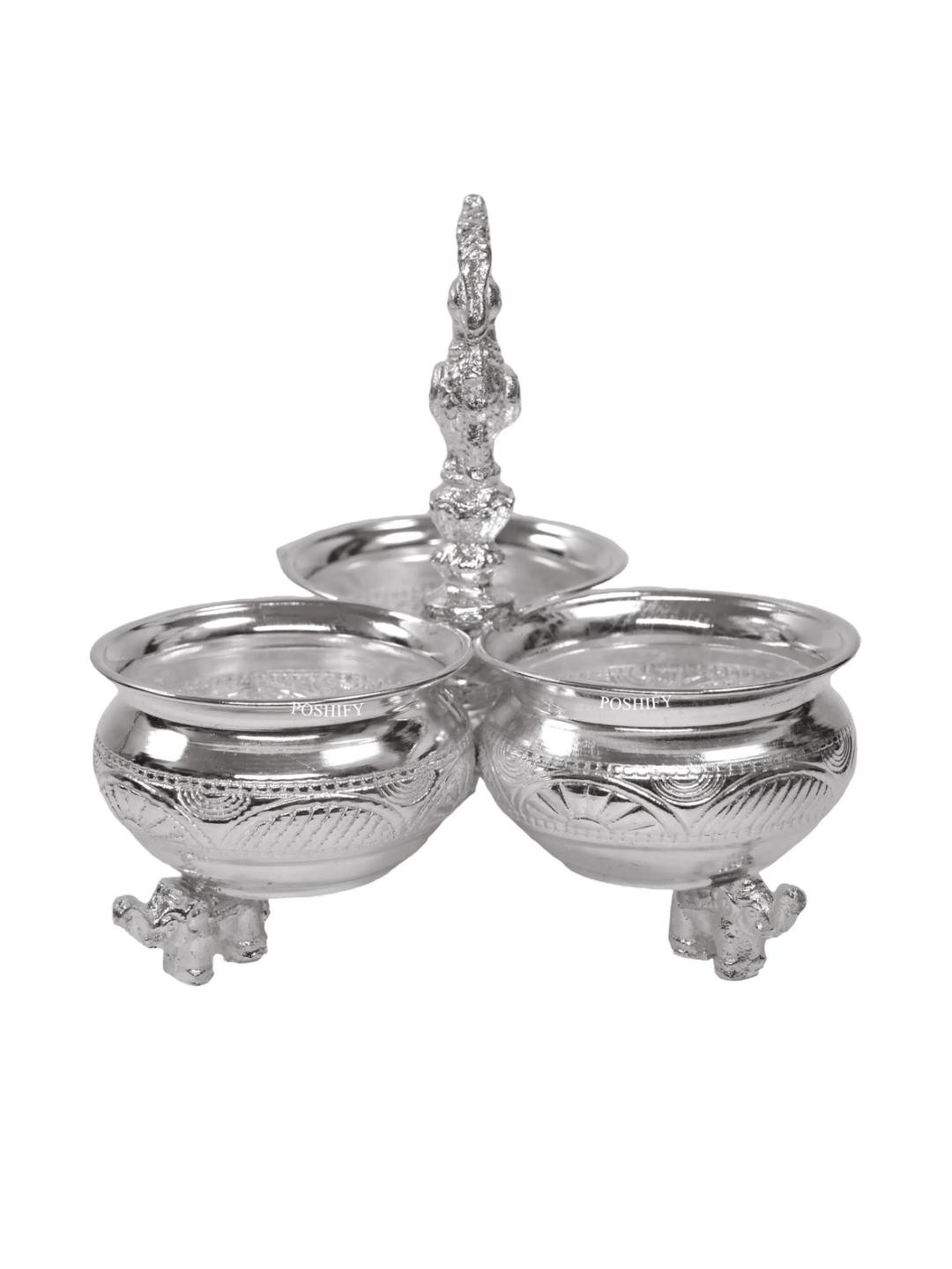 Kumkum-Haldi Pure German Silver Holder  Three Attached Bowls n Handle for Pooja