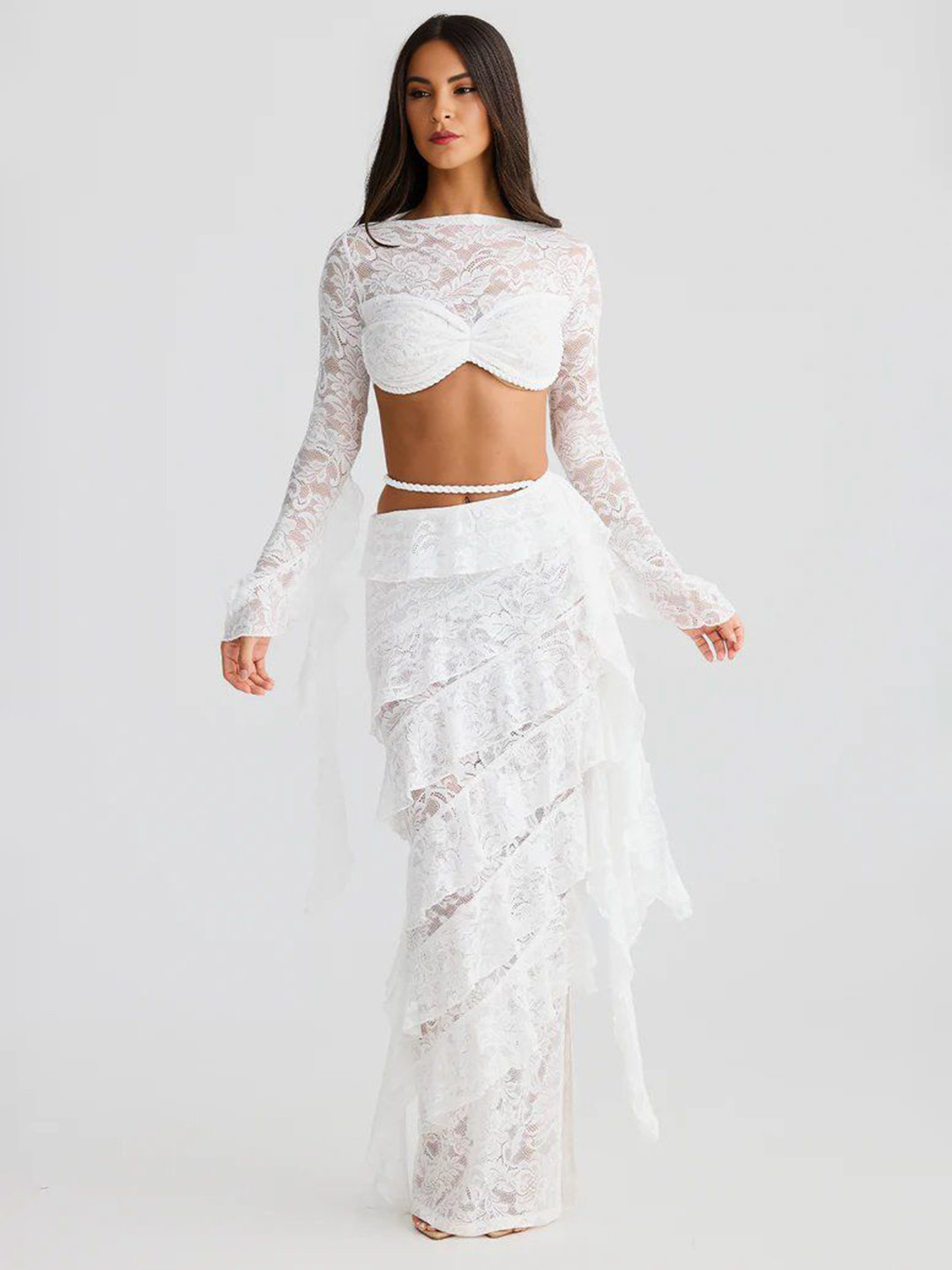 Bee Boe Isla Women White Self Design Long Sleeves Lace Top