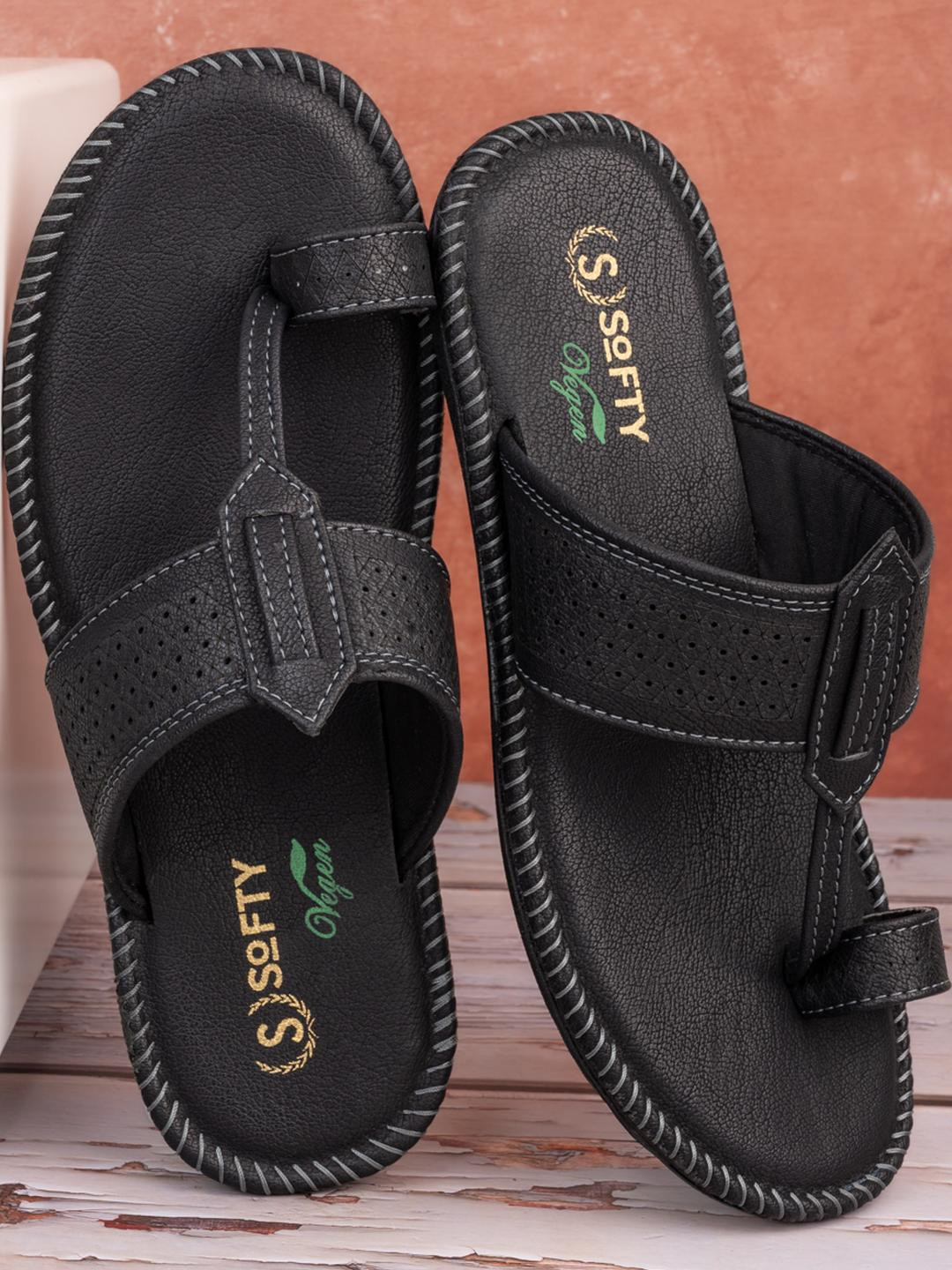 SOFTY VEGEN Men Black Ethnic Slip-On Synthetic Leather Kolhapuri