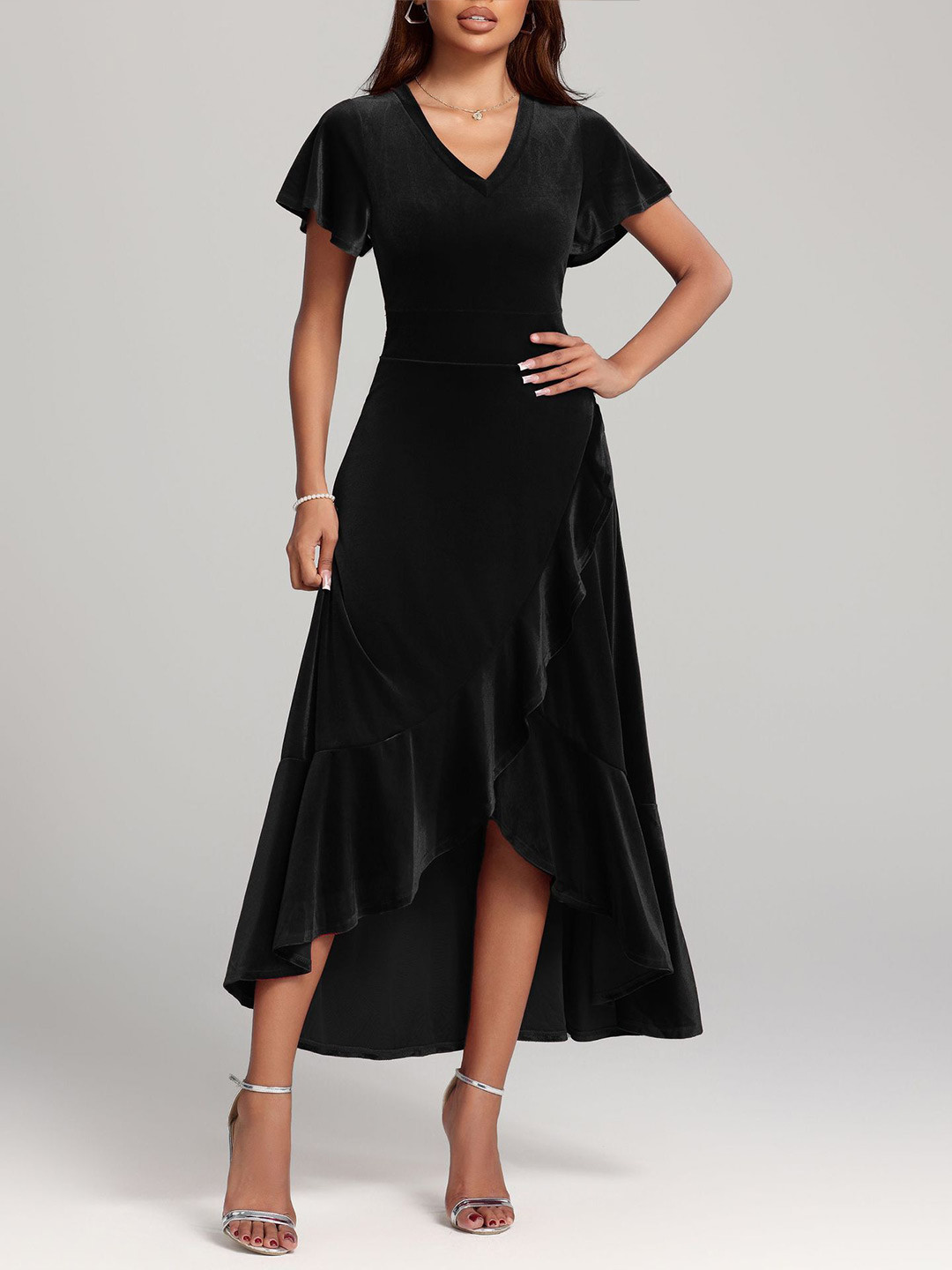HERE&NOW Women V-Neck Flared Sleeve Ruffle Detail Fit & Flare Midi Dress