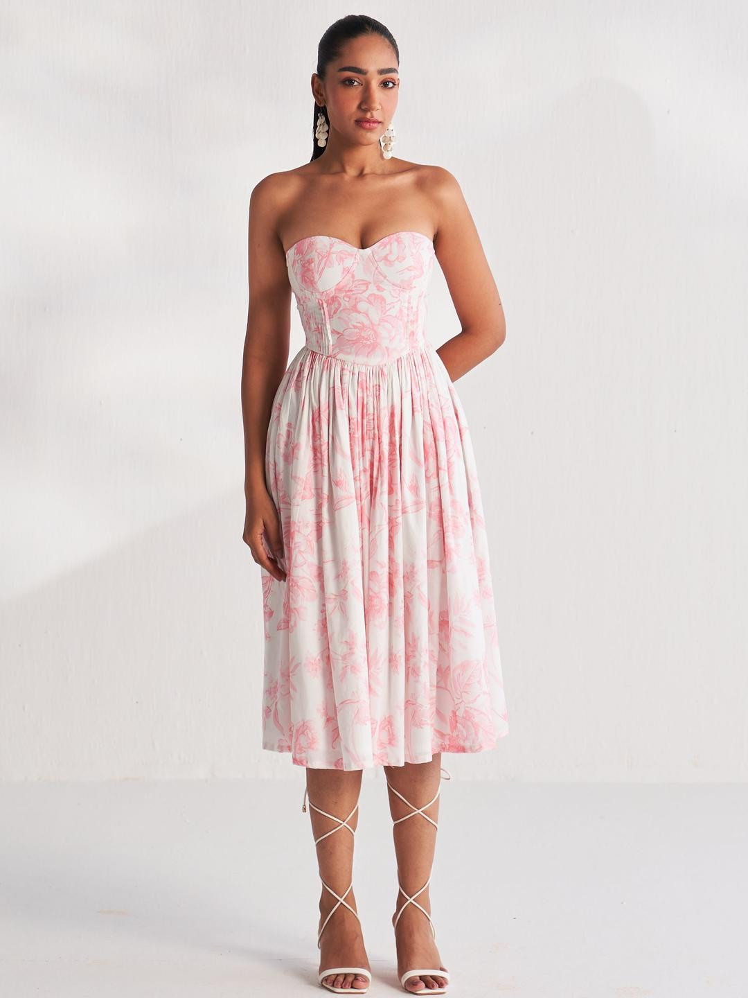 ROZE Pink Floral Print Fit & Flare Midi Dress