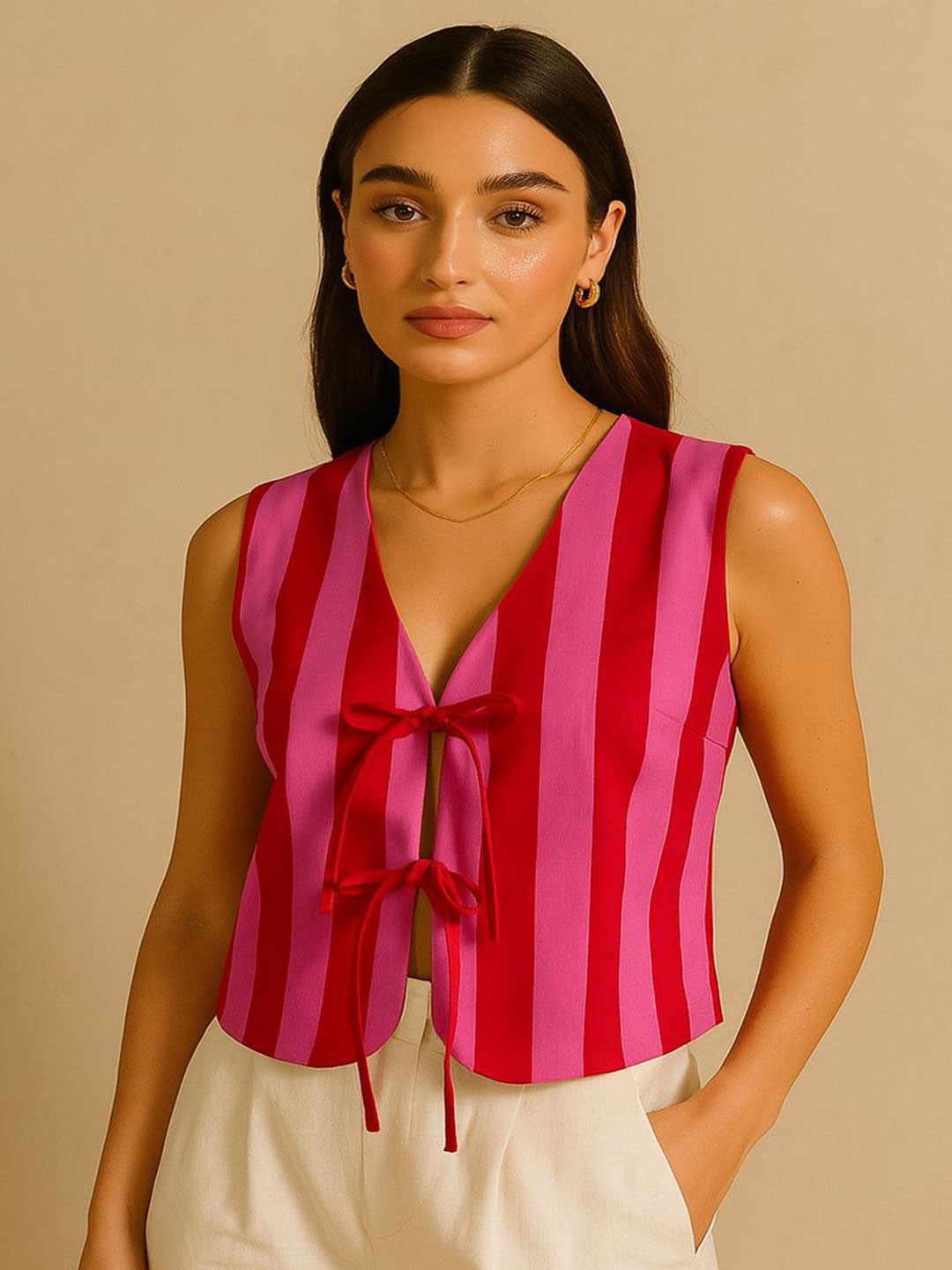 SANSKORI Women Striped V-Neck Vest Top