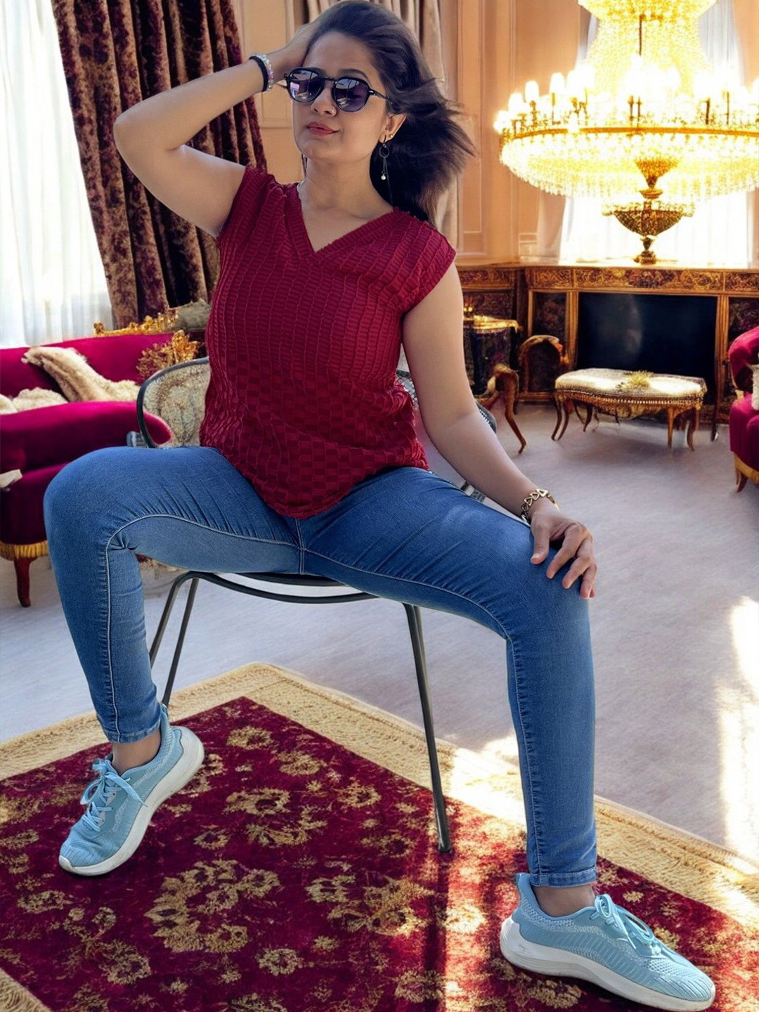 Bhanderi Fashion Women Vertical Stripes Striped Georgette V Neck Regular Top