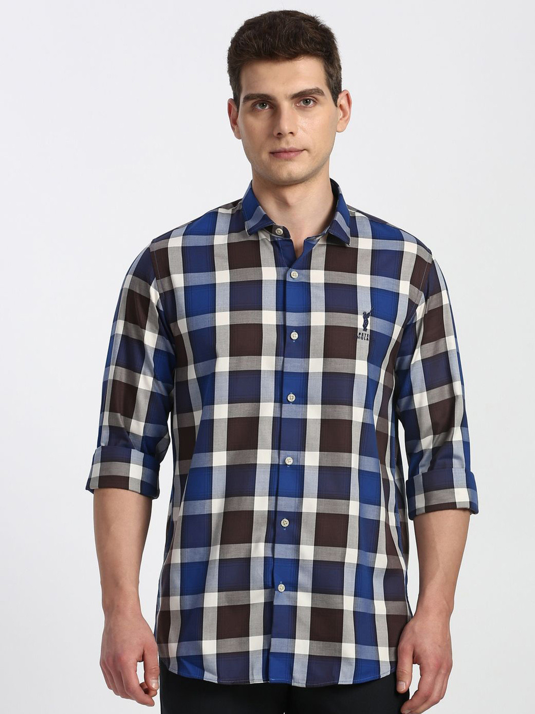 Peter England Casuals Buffalo Checked Spread Collar Slim Fit Pure Cotton Casual Shirt