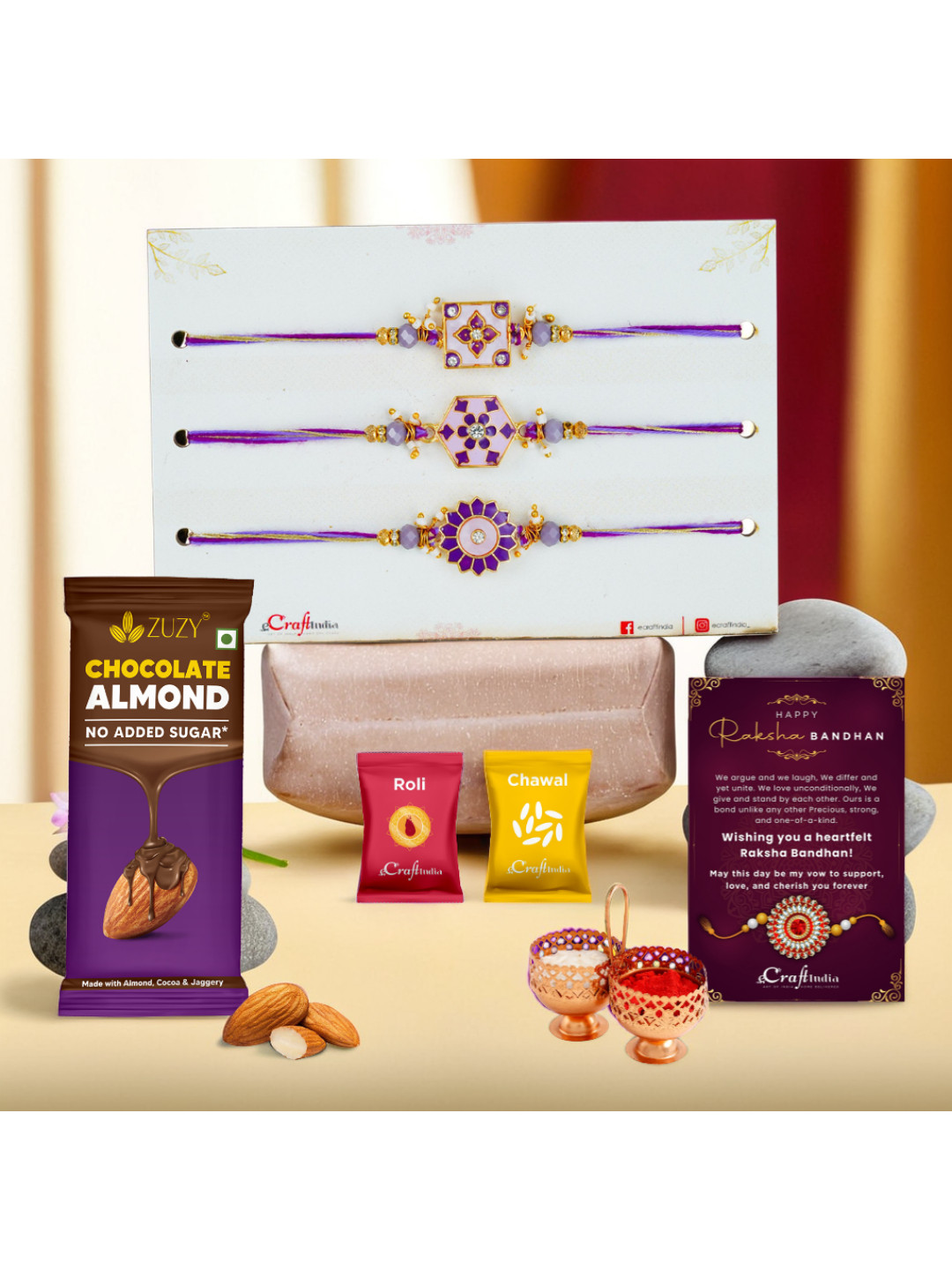 eCraftIndia 3-Pc Floral Rakhis & Chocolate With Roli Chawal Gifts