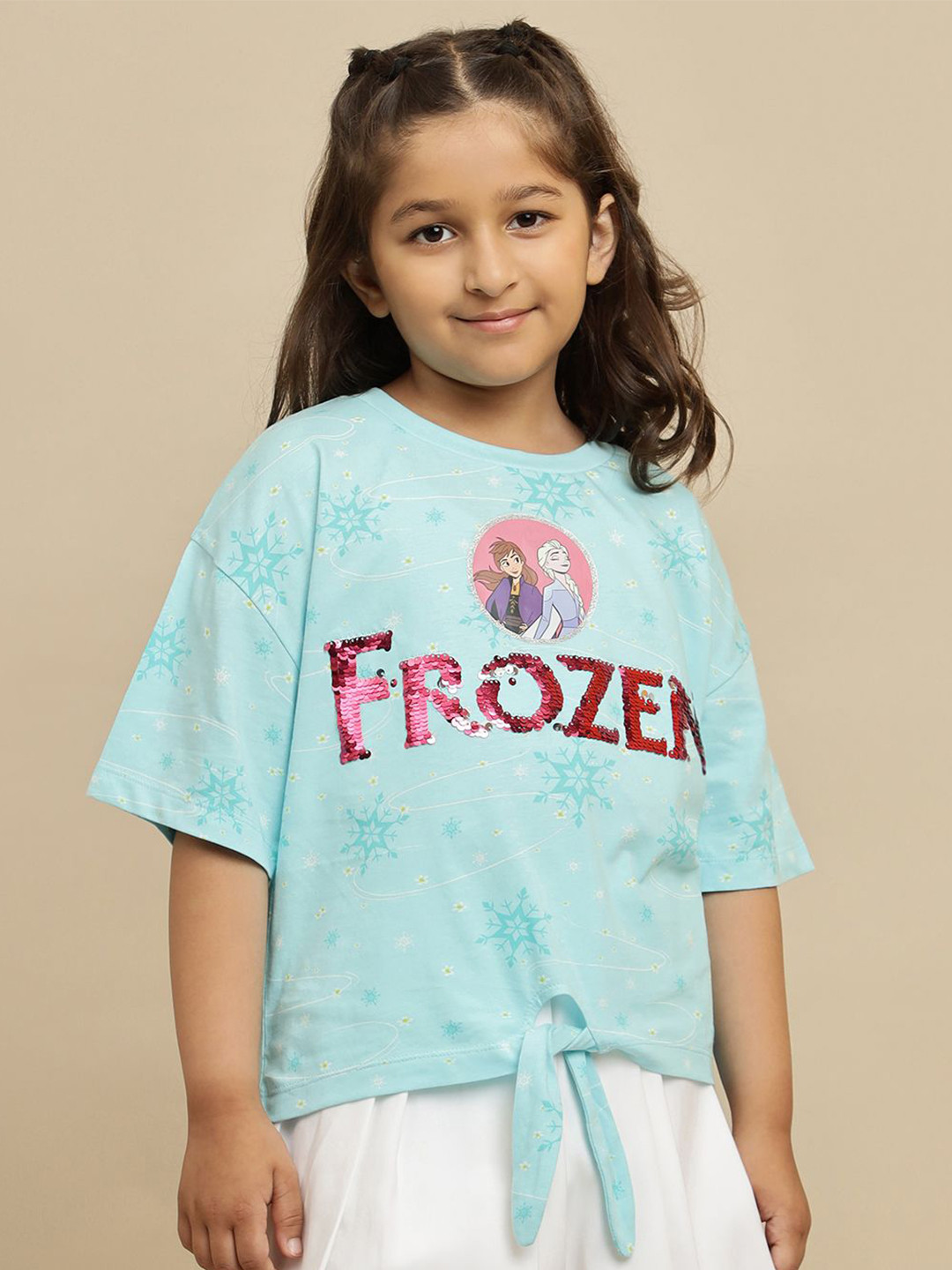 Kids Ville Girls Frozen Printed Oversized  Reversible Sequin Tshirt
