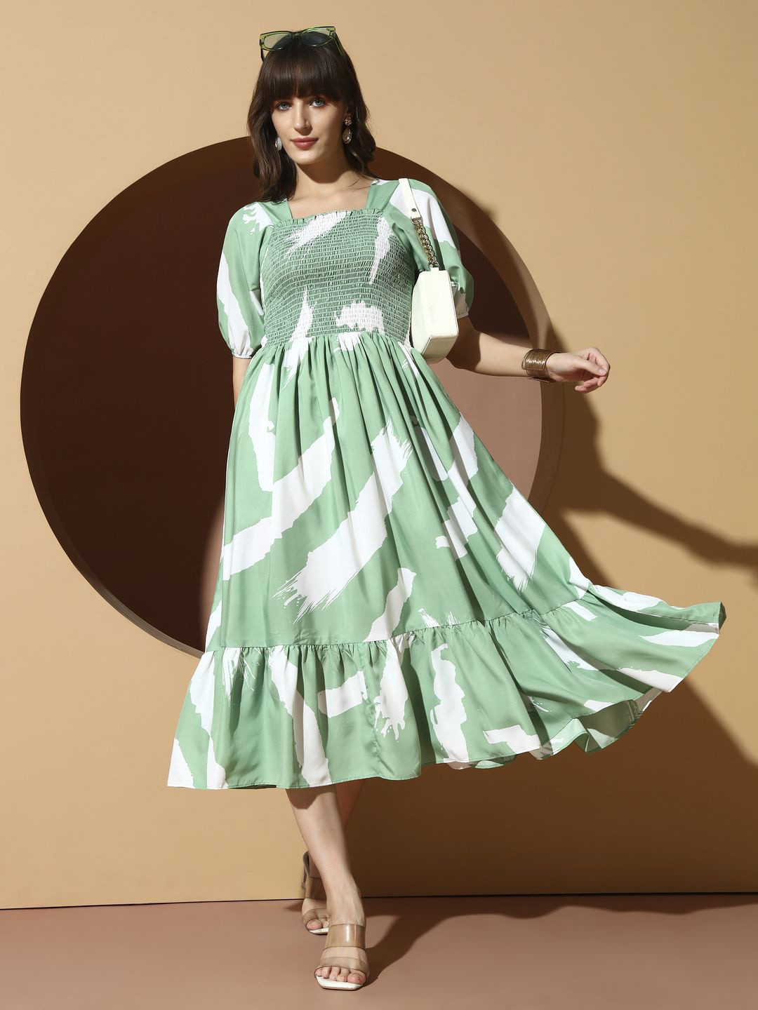 OTABU Brush Women Abstract Print Puff Sleeve Smocked Fit And Flare Midi Dress