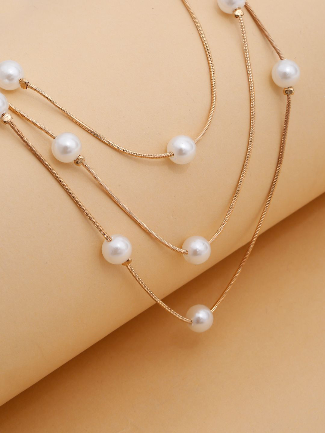 Stoln Gold Toned Pearls Beaded Minimal 3-Layered Necklace