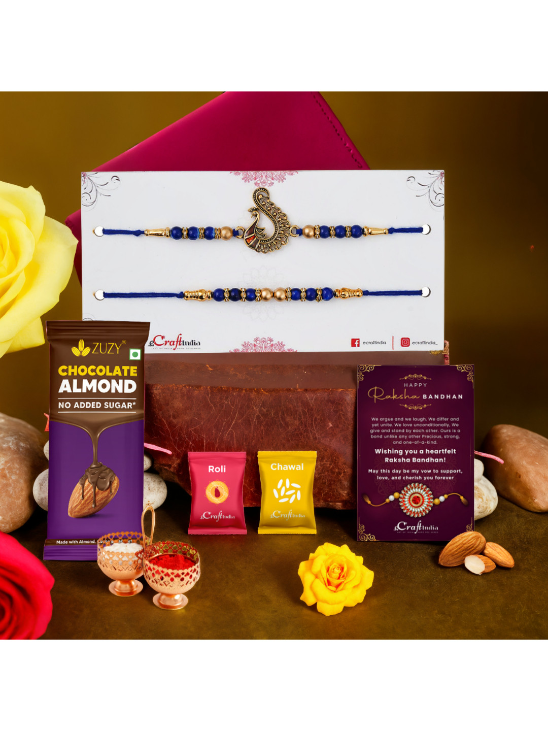 eCraftIndia 2-Pc Peacock Designer Rakhis & Chocolate With Roli Chawal Gifts