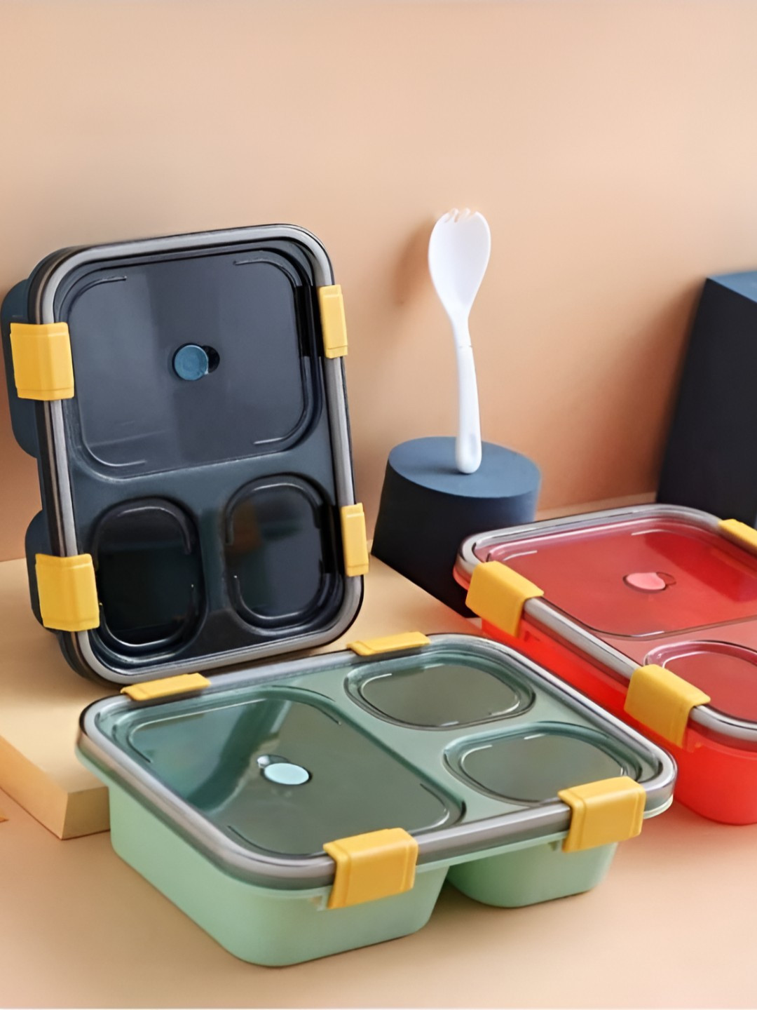 upkaranwale 7Pcs Black & Green Lunch Boxes With Water Bottles