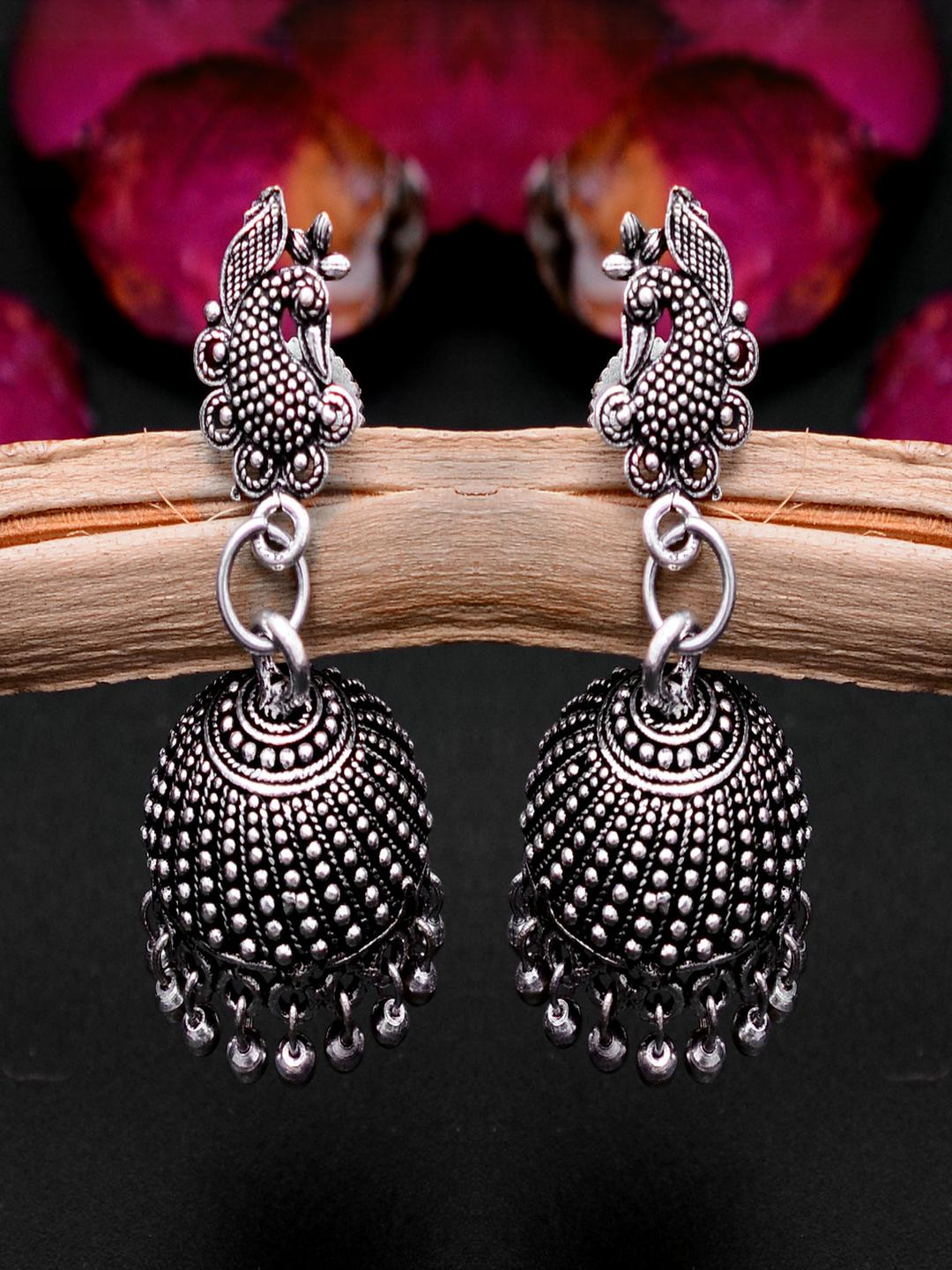 BELLORRE Silver Plated Oxidised Jhumka Earrings