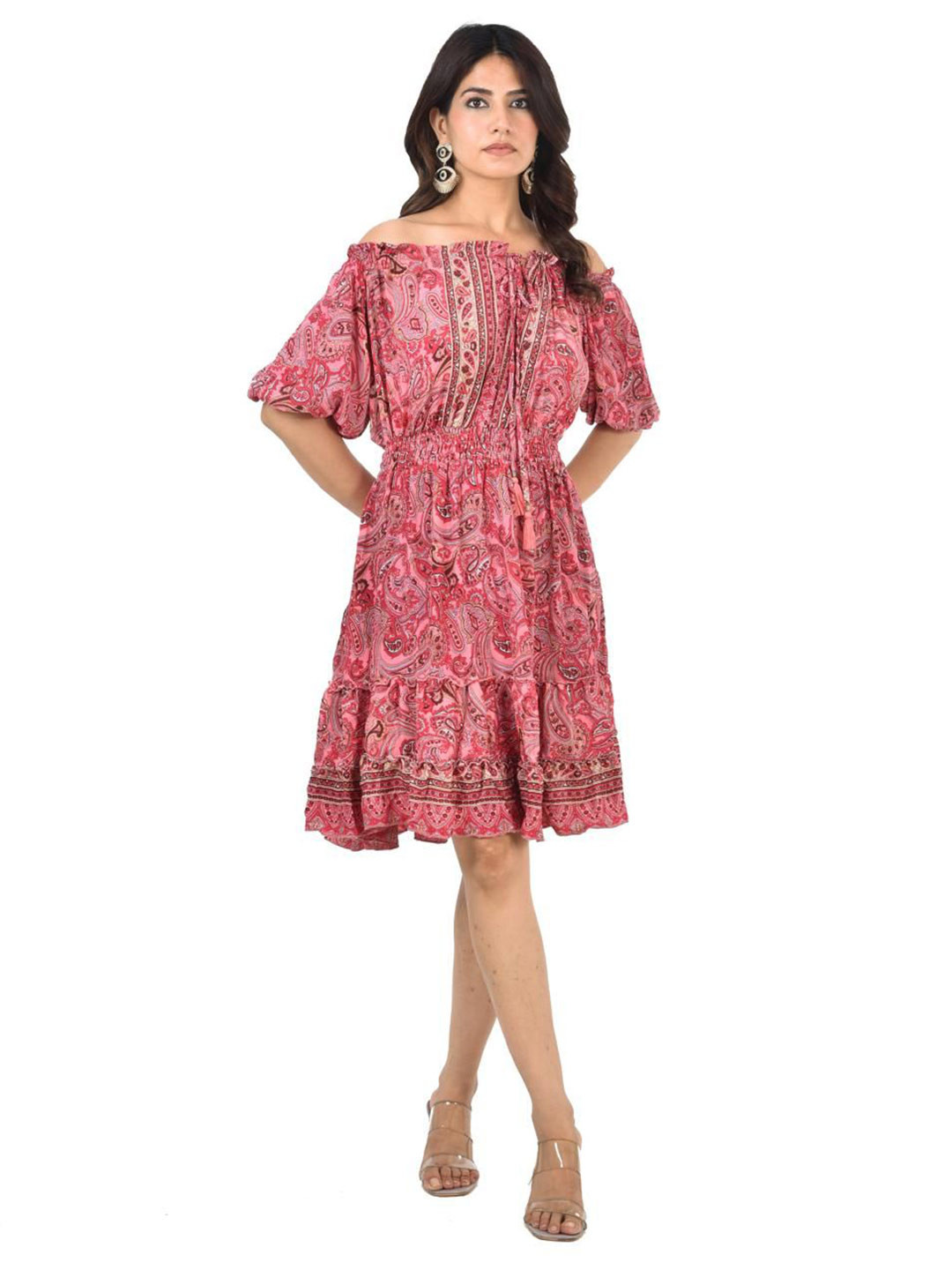 ADC SHEMONA Women Angelina Coral Bohemian Printed Off-Shoulder Fit & Flare Midi Dress