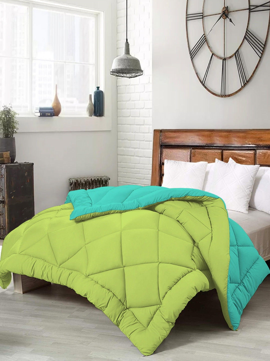CHICERY Green & Turquoise Blue Microfiber AC Room Reversible Double Bed Comforter