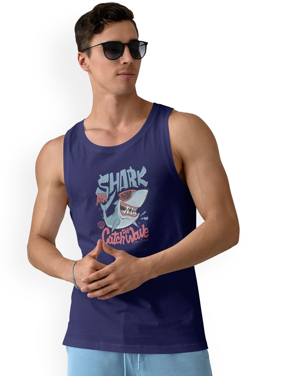 DAB SHARK Printed Cotton Round Neck Gym Vests DAB-SHARK-02-NBLU-L