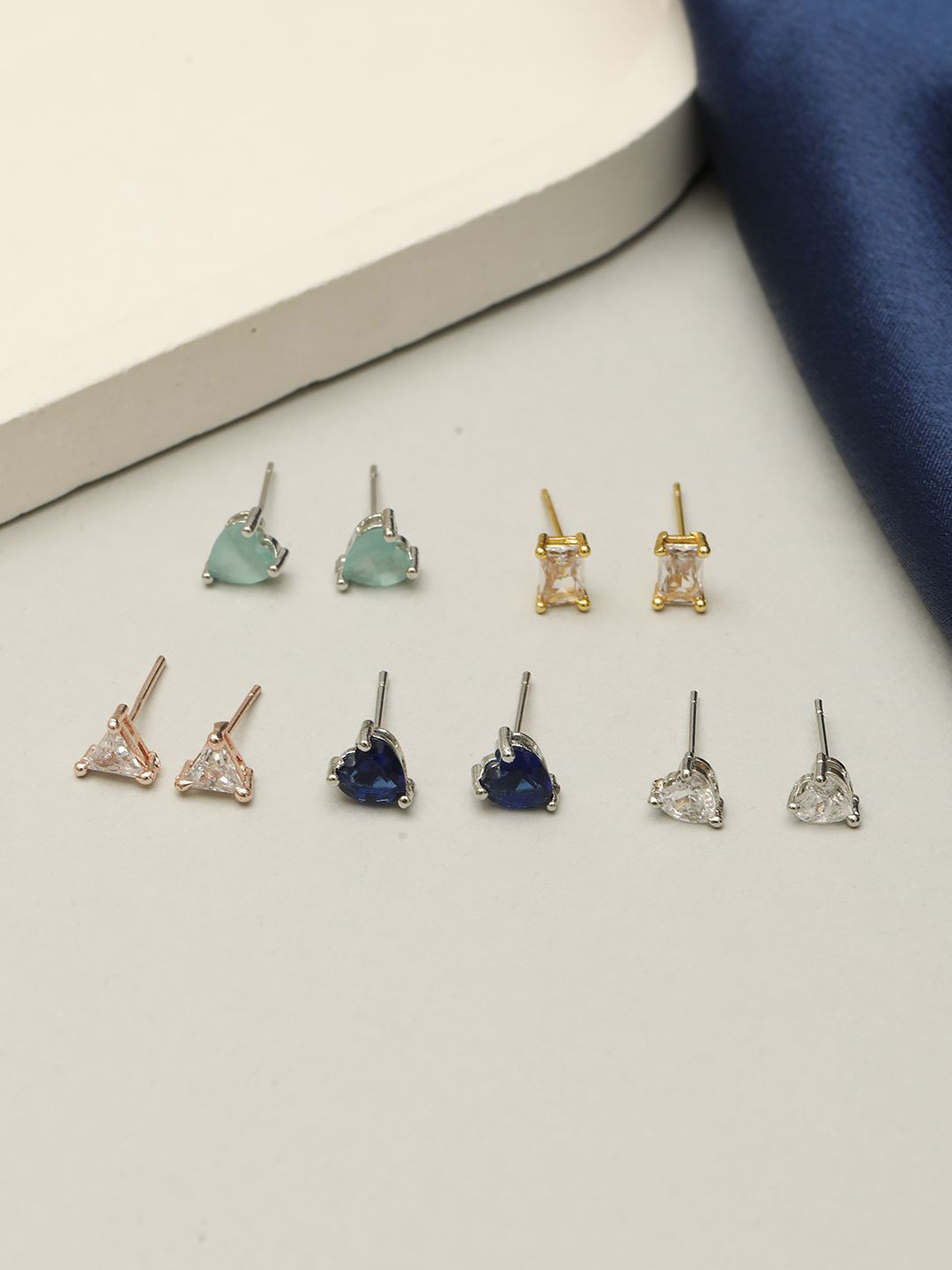 VIVAZS Set Of 5 Silver-Plated American Diamond Studded Heart Shaped Studs