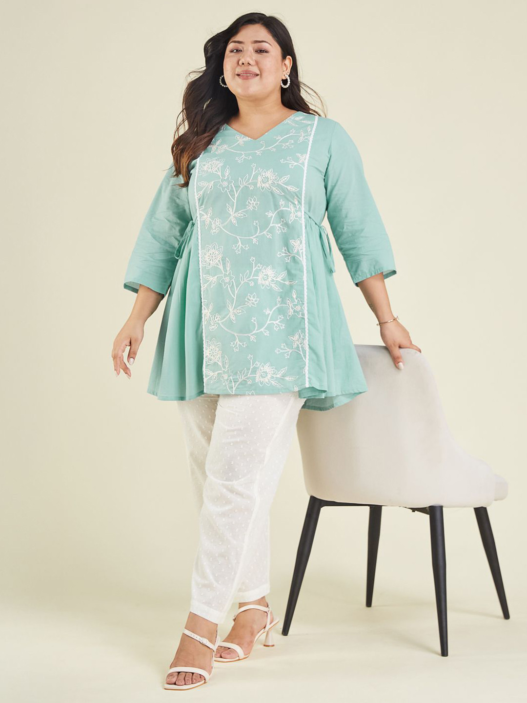 Janasya Women Plus Size Light Pure Blue Cotton Embroidered A-line Tunic