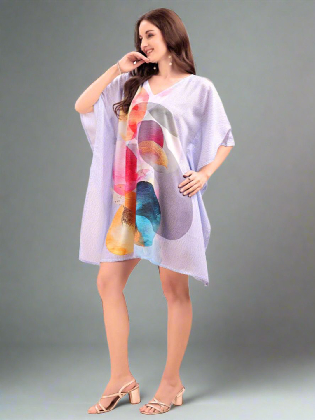 SWI Stylish Printed V-Neck Kimono Sleeve Kaftan Dress