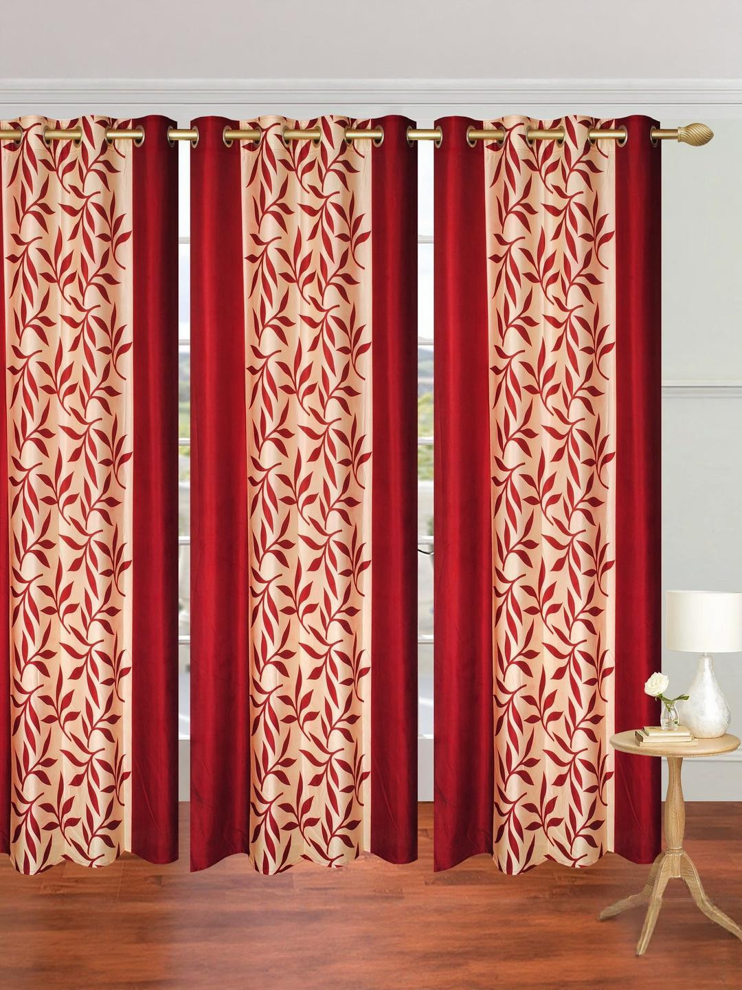 213 cm (7 ft) Polyester Semi Transparent Door Curtain (Pack Of 3) (Printed, Maroon)