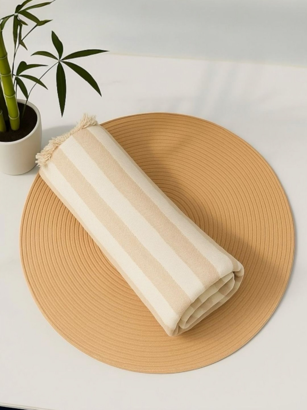 Triani Beige & White Striped Bamboo 250 GSM Bath Towel