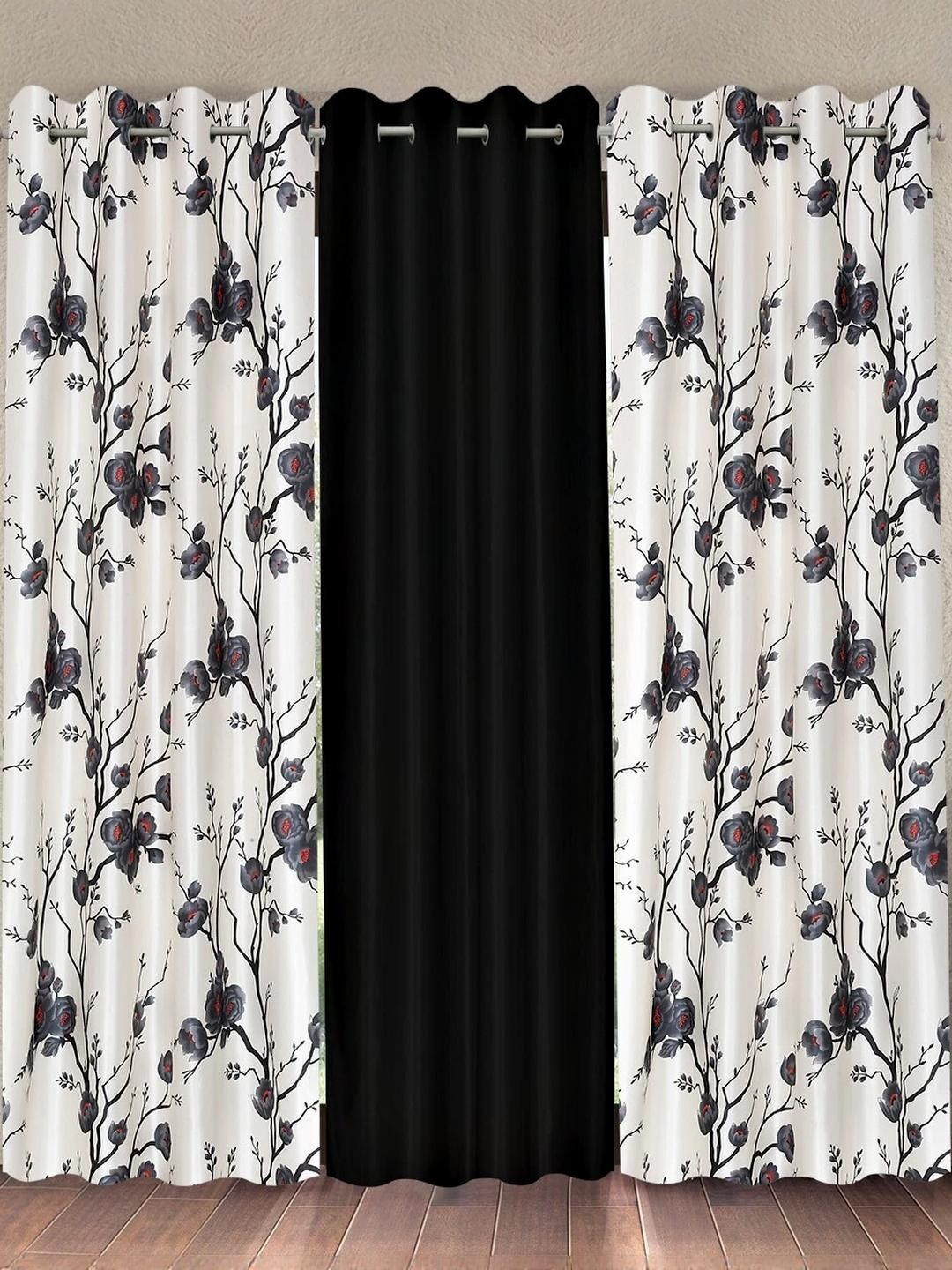 BELLA TRUE 153 cm (5 ft) Polyester Semi Transparent Window Curtain (Pack Of 3) (Floral, Black)