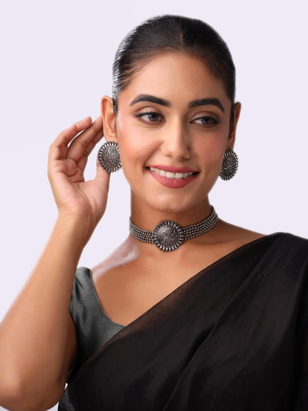 Samsiddhi Oxidized Tribal Thread Choker Necklace and Earrings Set for Women