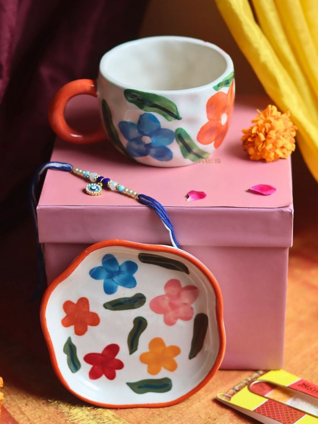 WEAVING HOMES Stone Studded & Beaded Thread Rakhi With Mug & Dessert Plate