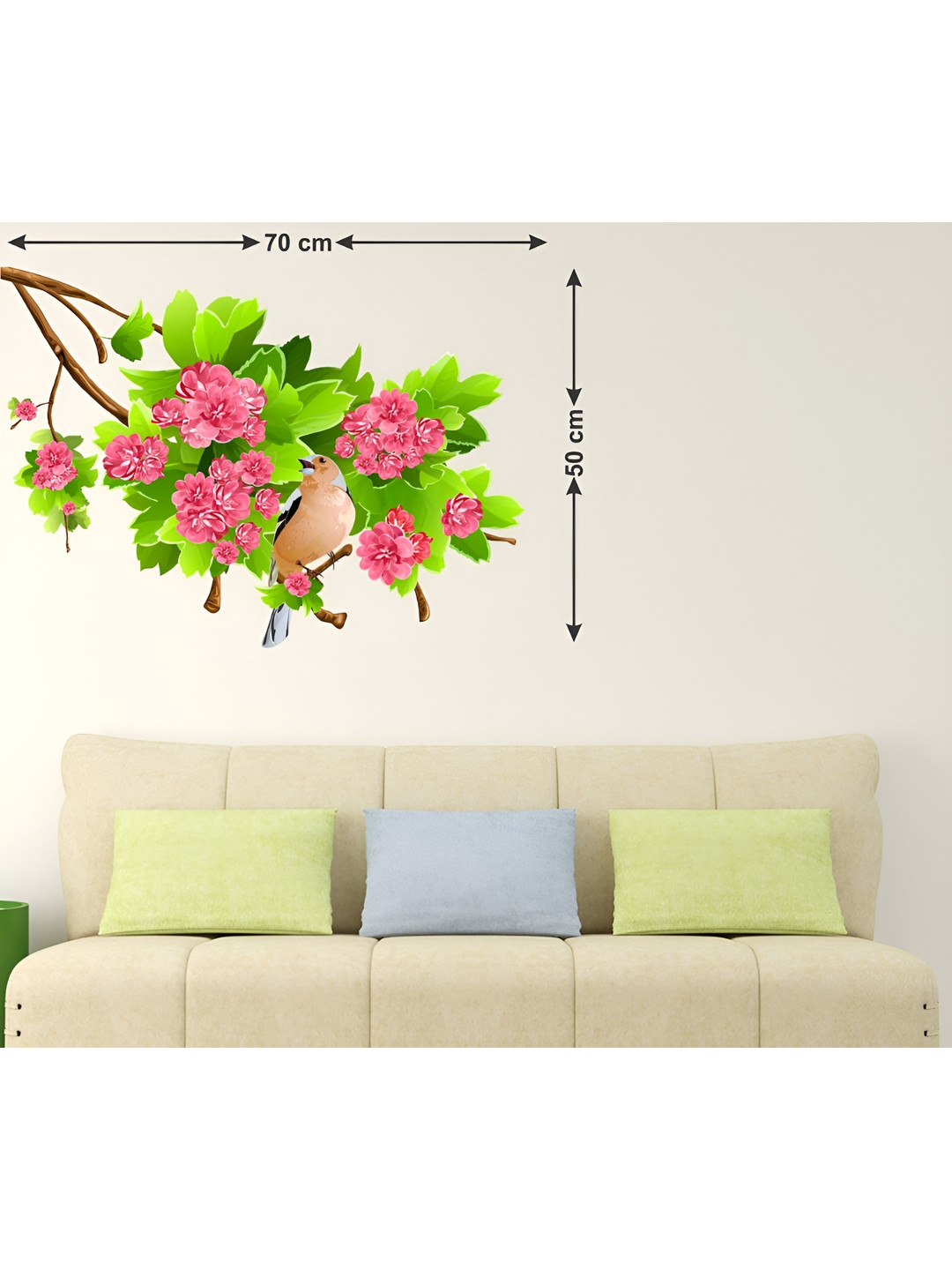 LANSTICK Green & Pink Tree With Birds Printed Heat Resistant Wall Sticker