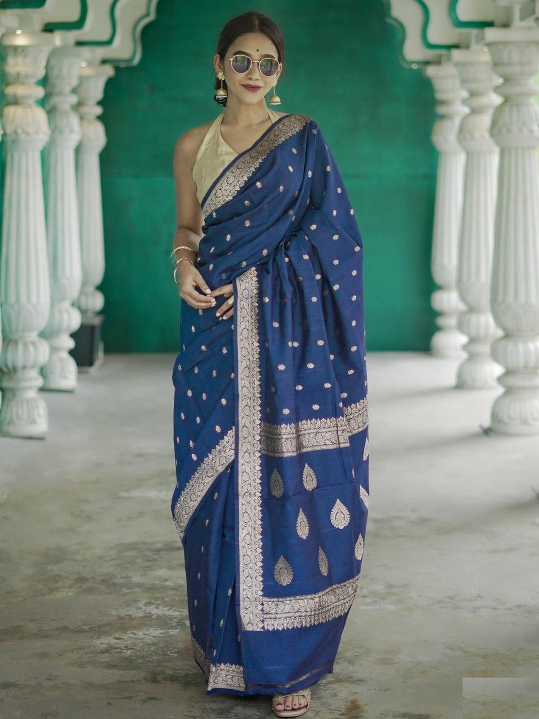 SHOPONBIT Women Navy Blue & Gold-Toned Ethnic Motifs Designer Saree