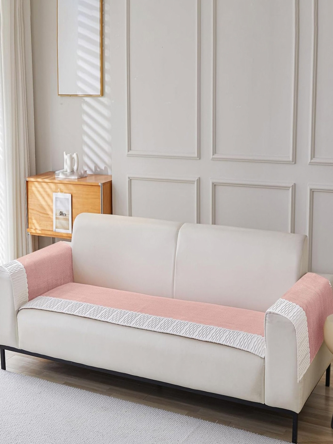 HOUSE OF QUIRK Peach & White  Velvet 4 Seater 2Pcs Armrest & 1Pc Sofa Cover Set
