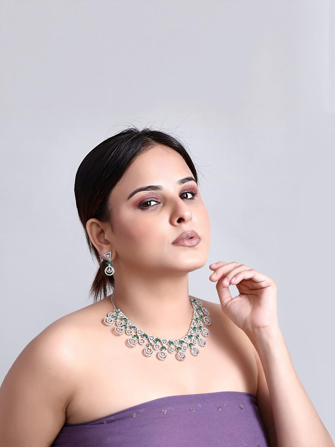 MANKAIROOP Rhodium-Plated American Diamond and Cubic Zirconia Studded Jewellery Set