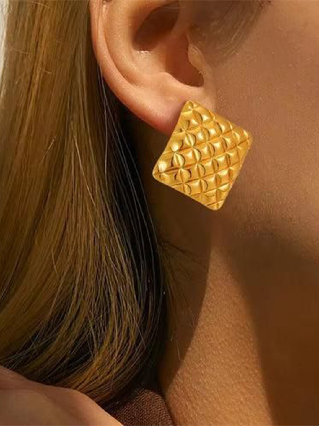 THEPANDASTOREE 18K Gold-Plated Embossed Diamond Shaped Waterproof & Hypoallergenic Studs