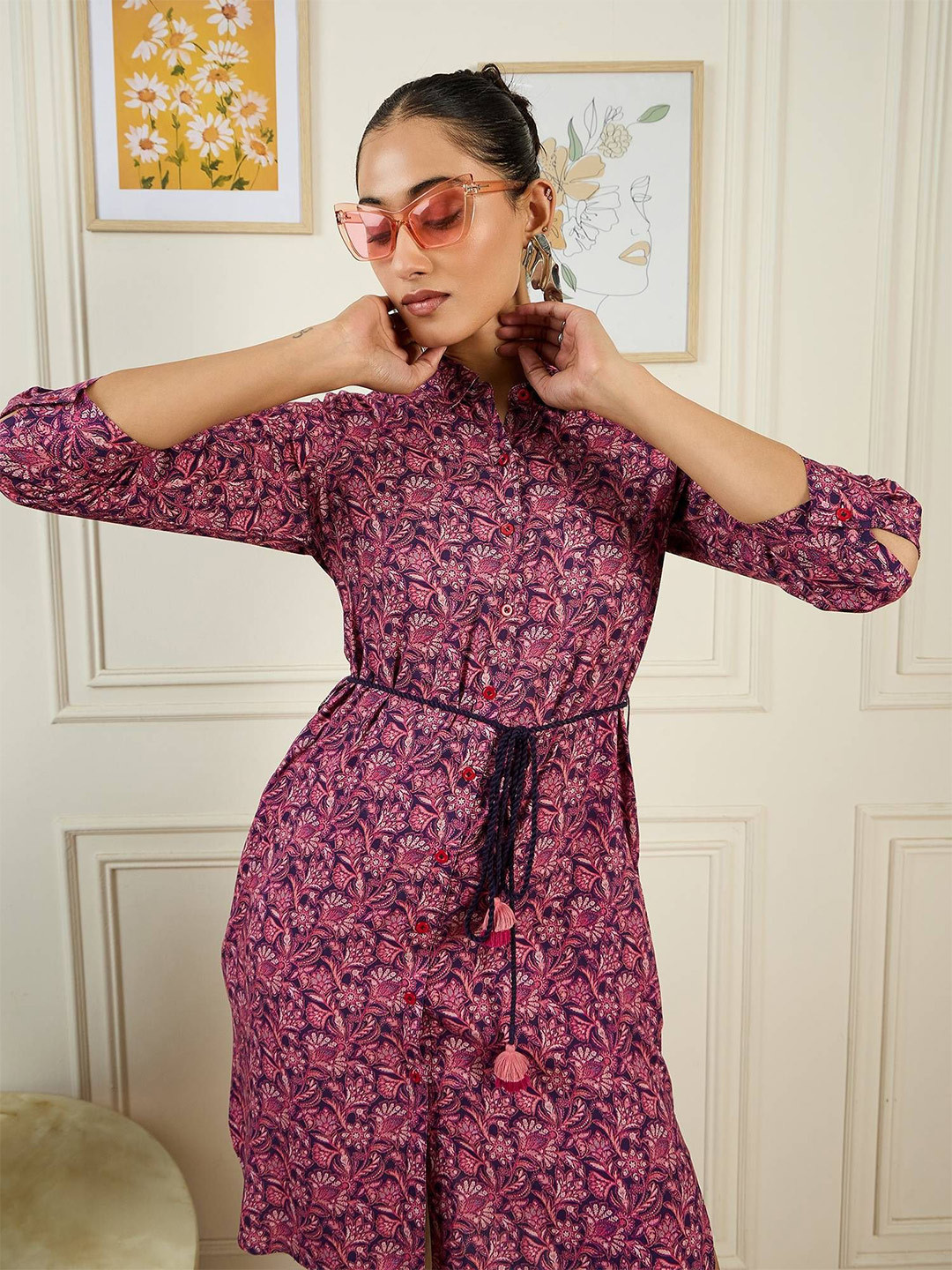 STADO Boho Chic Women Ethnic Motifs Printed Belted Shirt Dress