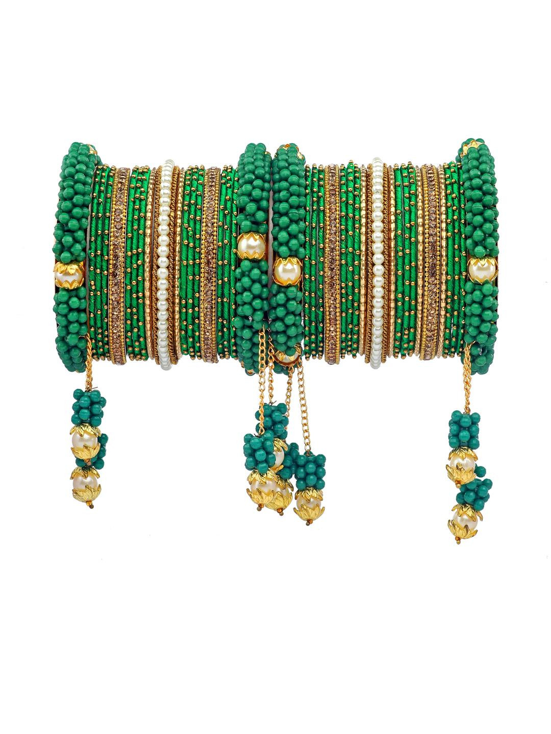 Amika Women Green Silk Thread Latkan Bangle Set with Pearl Dangles